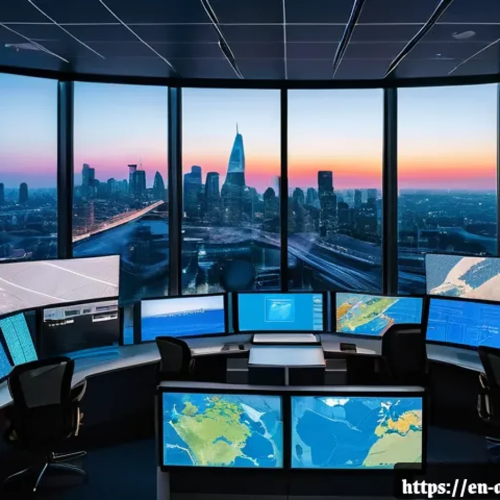 행정안전 분야 창업 아이디어 - A futuristic emergency dispatch center bustling with activity, large digital screens displaying AI-p...