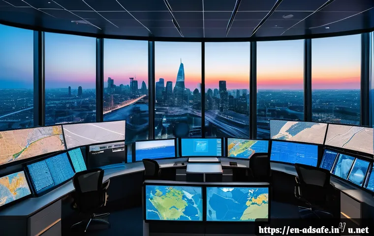 행정안전 분야 창업 아이디어 - A futuristic emergency dispatch center bustling with activity, large digital screens displaying AI-p...