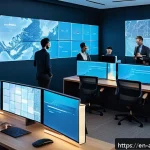 행정안전 업무의 디지털 기술 활용법 - A futuristic city government control room featuring diverse professionals monitoring multiple large ...
