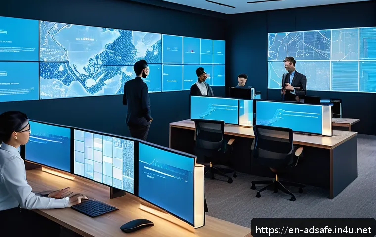 행정안전 업무의 디지털 기술 활용법 - A futuristic city government control room featuring diverse professionals monitoring multiple large ...